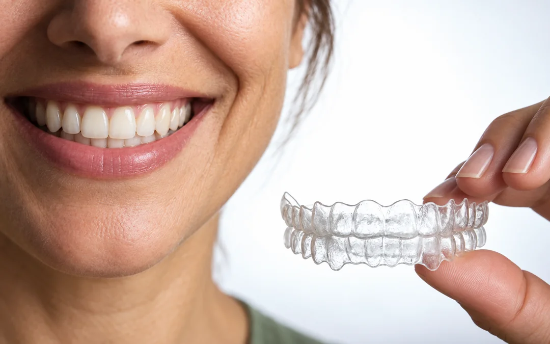 Mujer adulta sonriendo mientras sostiene unos alineadores transparentes.