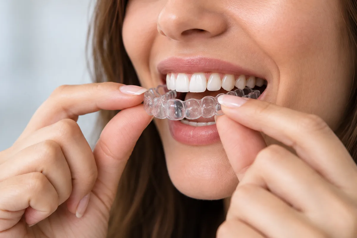 Mujer colocándose un alineador transparente de ortodoncia invisible
