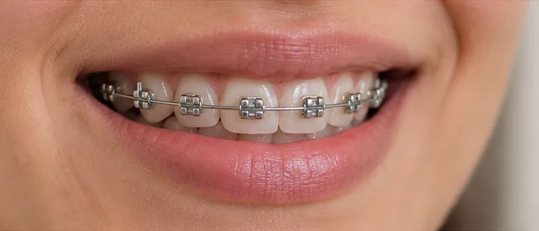 Sonrisa con brackets metálicos y arco de ortodoncia fija