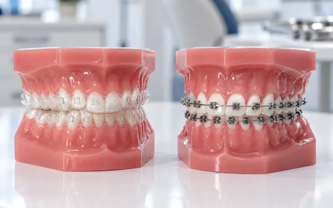 Dos modelos dentales, uno con alineadores transparentes y otro con brackets metálicos, para comparar ortodoncia invisible y brackets